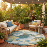 8' Teal Blue And Ivory Round Abstract Washable Indoor Outdoor Area Rug