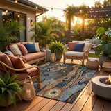 8' Black And Charcoal Round Floral Washable Indoor Outdoor Area Rug