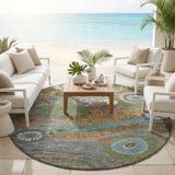 8' Green And Olive Green Round Floral Washable Indoor Outdoor Area Rug