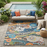 5' X 8' Granite Gray And Navy Blue Floral Washable Indoor Outdoor Area Rug