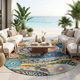 8' Granite Gray And Navy Blue Round Floral Washable Indoor Outdoor Area Rug