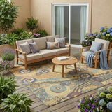 5' X 8' Gold And Wheat Floral Washable Indoor Outdoor Area Rug