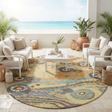 8' Gold And Wheat Round Floral Washable Indoor Outdoor Area Rug