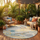 8' Ivory And Sky Blue Round Floral Washable Indoor Outdoor Area Rug