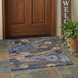 3' X 5' Navy Blue And Gold Floral Washable Indoor Outdoor Area Rug