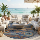 8' Navy Blue And Gold Round Floral Washable Indoor Outdoor Area Rug