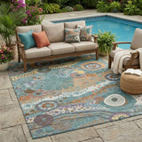 5' X 8' Teal Blue And Ivory Floral Washable Indoor Outdoor Area Rug