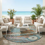 8' Teal Blue And Ivory Round Floral Washable Indoor Outdoor Area Rug