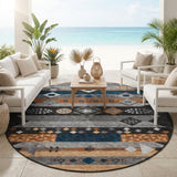 8' Black And Copper Round Geometric Washable Indoor Outdoor Area Rug