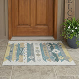 3' X 5' Ivory And Teal Blue Geometric Washable Indoor Outdoor Area Rug