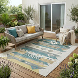 5' X 8' Ivory And Teal Blue Geometric Washable Indoor Outdoor Area Rug