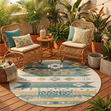 8' Ivory And Teal Blue Round Geometric Washable Indoor Outdoor Area Rug