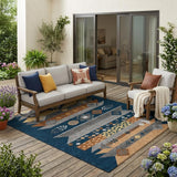 5' X 8' Navy Blue And Orange Geometric Washable Indoor Outdoor Area Rug