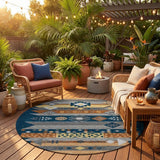 8' Navy Blue And Orange Round Geometric Washable Indoor Outdoor Area Rug