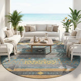 8' Teal Blue And Copper Round Geometric Washable Indoor Outdoor Area Rug