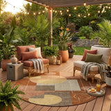 8' Orange And Copper Round Geometric Washable Indoor Outdoor Area Rug