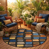 8' Black And Charcoal Round Geometric Washable Indoor Outdoor Area Rug