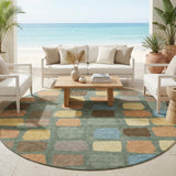 8' Green And Wheat Round Geometric Washable Indoor Outdoor Area Rug