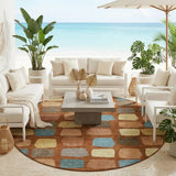 8' Orange And Copper Round Geometric Washable Indoor Outdoor Area Rug