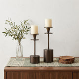 Set of Two Antiqued Gold Metal Floor Taper Candlesticks