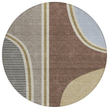 8' Brown And Beige Round Geometric Washable Indoor Outdoor Area Rug