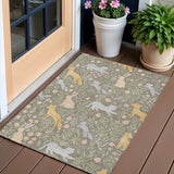 3' X 5' Taupe And Green Forest Animals And Botanical Leaves Washable Area Rug