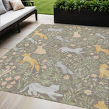 5' X 8' Taupe And Green Forest Animals And Botanical Leaves Washable Area Rug