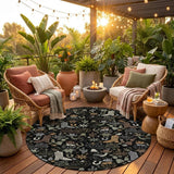 8' Black And Gray Round Cactus Washable Indoor Outdoor Area Rug