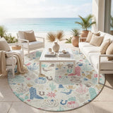 8' Linen And Pink Round Cactus Washable Indoor Outdoor Area Rug