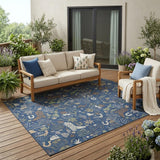 5' X 8' Navy Blue And Brown Cactus Washable Indoor Outdoor Area Rug