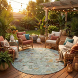 8' Sage And Gold Round Cactus Washable Indoor Outdoor Area Rug
