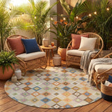 8' Beige And Ivory Round Aztec Washable Indoor Outdoor Area Rug