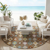 8' Chocolate And Teal Blue Round Aztec Washable Indoor Outdoor Area Rug