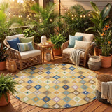 8' Gold And Teal Blue Round Aztec Washable Indoor Outdoor Area Rug