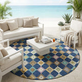8' Navy Blue And Chocolate Round Aztec Washable Indoor Outdoor Area Rug
