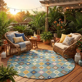 8' Teal Blue And Orange Round Aztec Washable Indoor Outdoor Area Rug