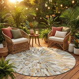 8' Beige And Taupe Round Abstract Washable Indoor Outdoor Area Rug
