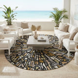 8' Black And Ivory Round Abstract Washable Indoor Outdoor Area Rug