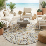 8' Ivory And Beige Round Abstract Washable Indoor Outdoor Area Rug