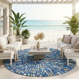 8' Navy Blue And Teal Blue Round Abstract Washable Indoor Outdoor Area Rug