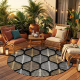 8' Black And Gray Round Floral Washable Indoor Outdoor Area Rug