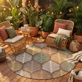 8' Chocolate And Beige Round Floral Washable Indoor Outdoor Area Rug