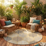 8' Gold And Ivory Round Floral Washable Indoor Outdoor Area Rug