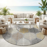 8' Gray And Beige Round Floral Washable Indoor Outdoor Area Rug