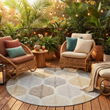 8' Ivory And Beige Round Floral Washable Indoor Outdoor Area Rug