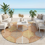 8' Orange And Copper Round Floral Washable Indoor Outdoor Area Rug