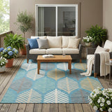 5' X 8' Teal Blue And Ivory Floral Washable Indoor Outdoor Area Rug