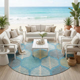 8' Teal Blue And Ivory Round Floral Washable Indoor Outdoor Area Rug
