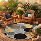 8' Black And Gold Round Geometric Washable Indoor Outdoor Area Rug
