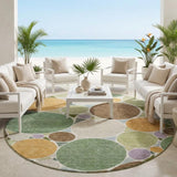 8' Green And Brown Round Geometric Washable Indoor Outdoor Area Rug